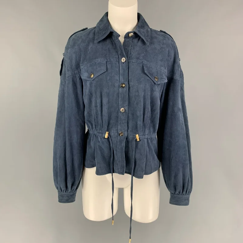 DIANE VON FURSTENBERG Size 6 Blue Suede Jacket Herringbone Jacket Houndstooth Jacket Plaid Jacket DIANE VON FURSTENBERG Size 6 Blue Suede Jacket Herringbone Jacket Houndstooth Jacket Plaid Jacket