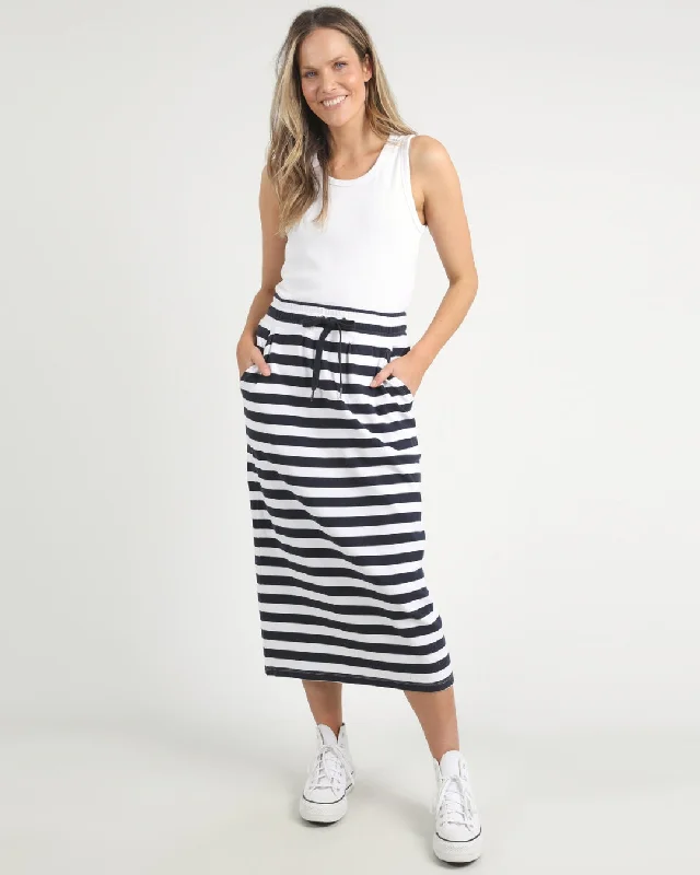 Elm Sunset Stripe Skirt Navy White tiered skirt playful