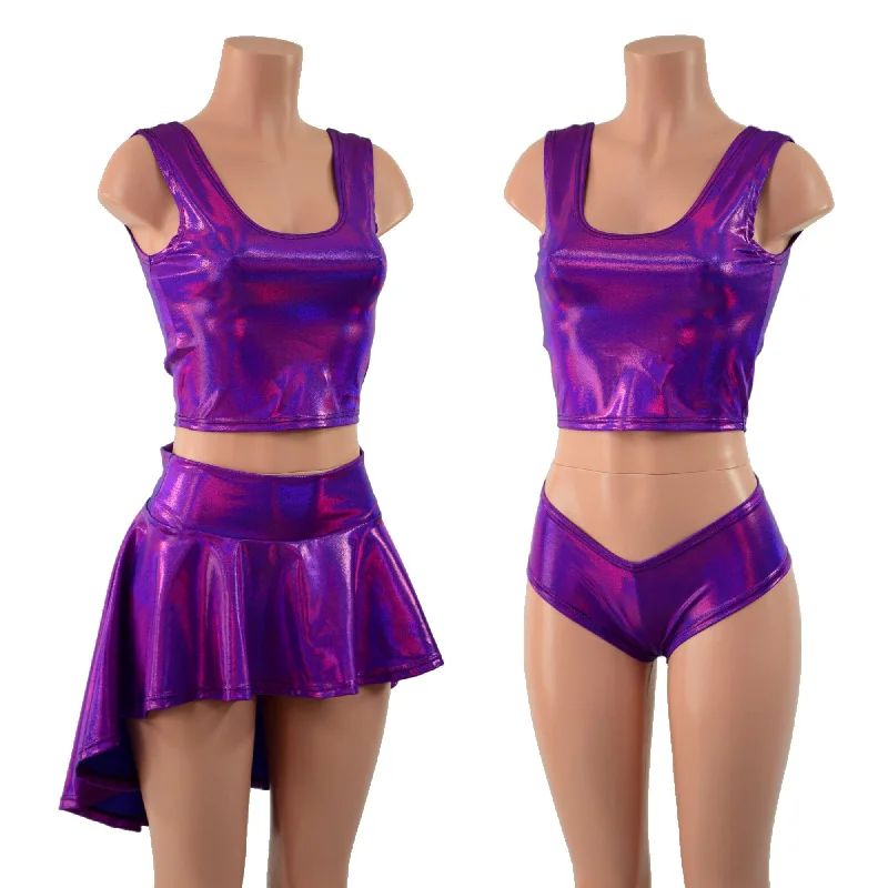 Grape Holographic 3PC Rave Skirt, Shorts & Top Set linen skirt relaxed