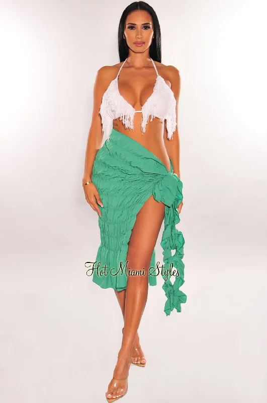 Green Smocked Tie Up Ruffle Skirt Cover Up silk skirt luxurious