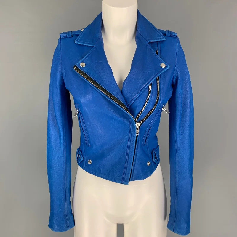 IRO Size 0 Blue Leather Lamb Skin Motorcycle Jacket Print Jacket Jacquard Jacket Patchwork Jacket IRO Size 0 Blue Leather Lamb Skin Motorcycle Jacket Print Jacket Jacquard Jacket Patchwork Jacket