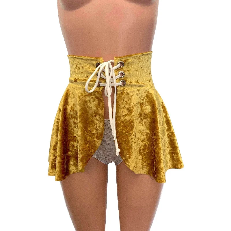 Lace-Up Corset Skirt - Gold Crushed Velvet button skirt front