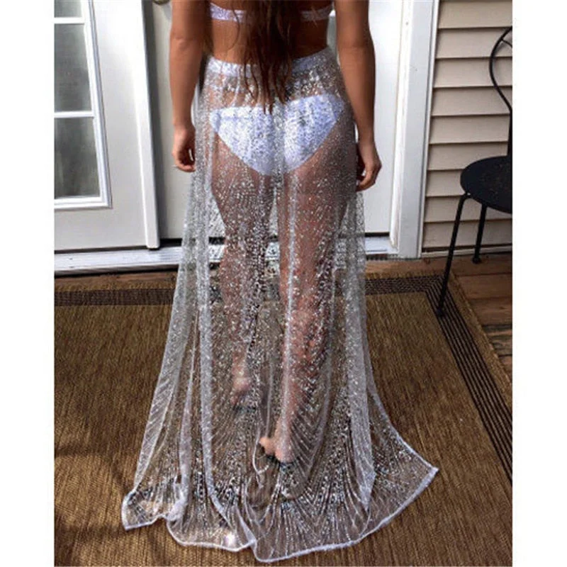 Mesh Hollow Out Long Skirt Gold Silver Sequins Sexy See Through Floor-Length Skirt 2019 Summer Beach Skirts Sun-proof Clothing linen skirt natural