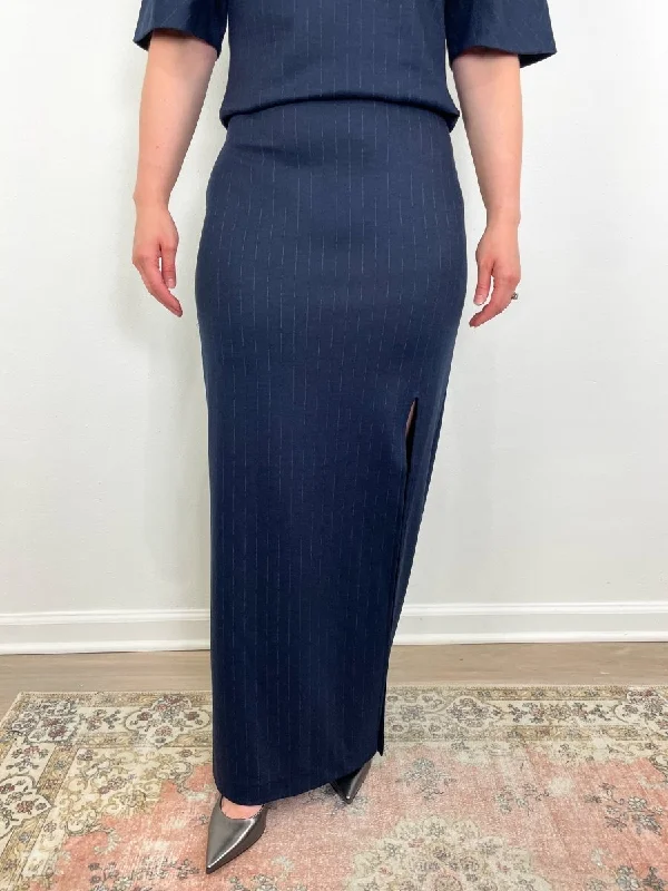 Newton Stripe Maxi Pencil Skirt in Navy Melange high waist skirt