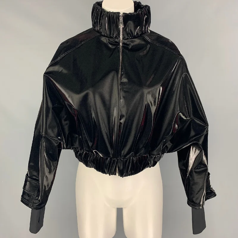 NYLORA Size L Black Solid Polyester Faux patent leather Cropped Jacket Tailored Jacket Straight Jacket A-Line Jacket NYLORA Size L Black Solid Polyester Faux patent leather Cropped Jacket Tailored Jacket Straight Jacket A-Line Jacket