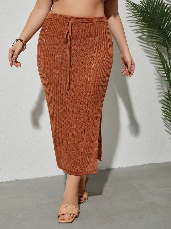 Plus Red Brown Tie Front Split Cover Up Skirt summer skirt style