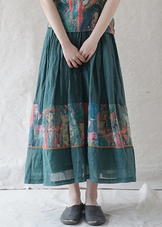 Retro Green elastic waist drawstring print Patchwork Linen Skirt Spring athletic skirt fit