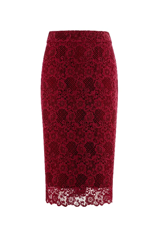 RUBIA DEEP RED LACE PENCIL SKIRT ruffled skirt detail