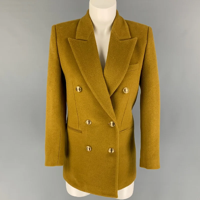 SAINT LAURENT Size 0 Mustard Wool Cashmere Double Breasted Jacket A-Line Jacket Boat Neck Shawl Collar SAINT LAURENT Size 0 Mustard Wool Cashmere Double Breasted Jacket A-Line Jacket Boat Neck Shawl Collar