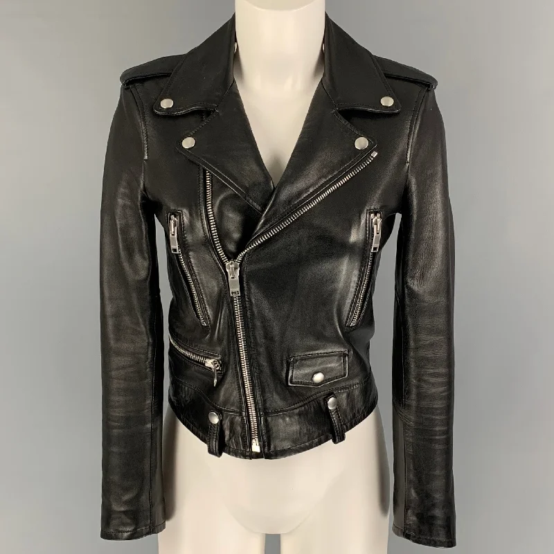 SAINT LAURENT Size 4 Black Lamb Skin Leather Biker Jacket Mesh Jacket Canvas Jacket Denim Jacket SAINT LAURENT Size 4 Black Lamb Skin Leather Biker Jacket Mesh Jacket Canvas Jacket Denim Jacket