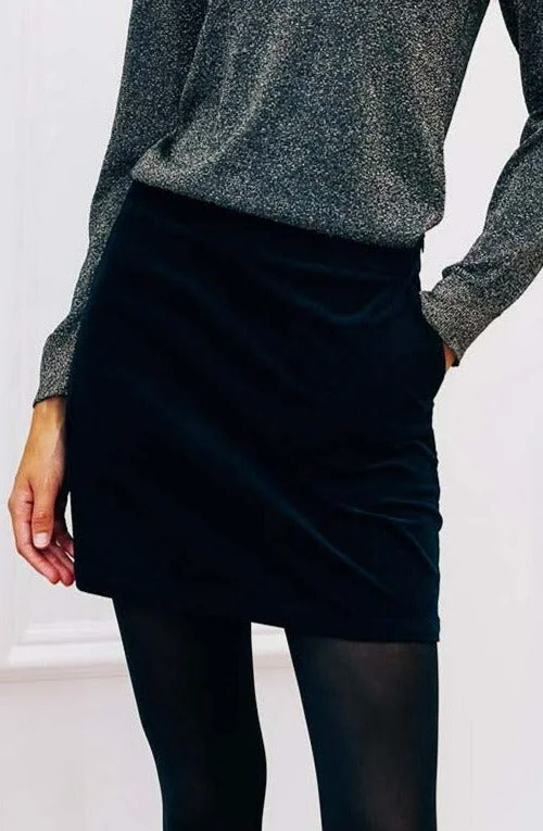 Sapphire Cotton Stretch Velvet Mini Skirt | Black velvet skirt plush