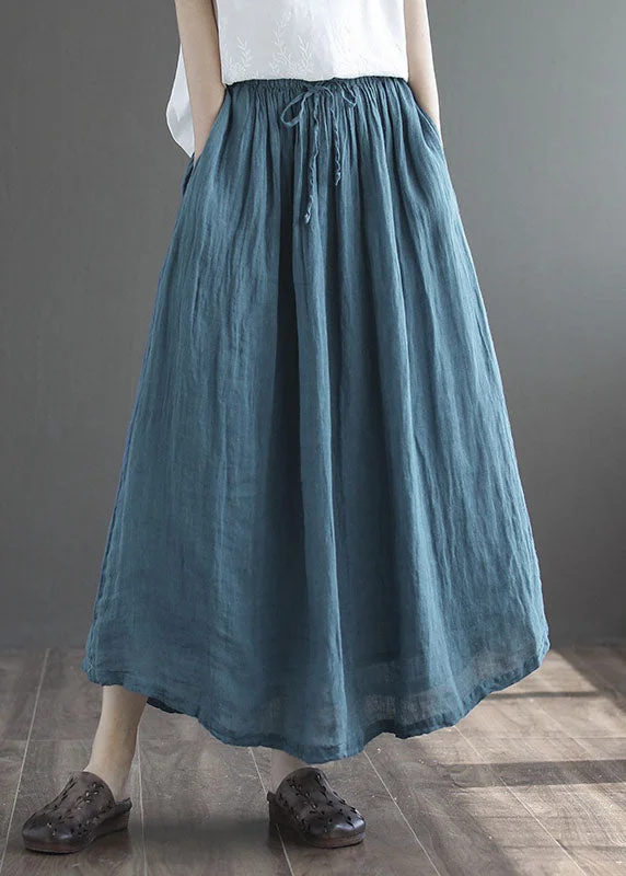 Simple Dark Blue Elastic Waist Double-deck Linen Skirts Summer vintage skirt charm