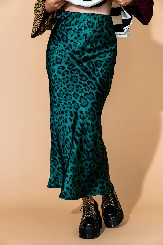 Supernova Bias Satin Skirt in Emerald Leopard zip skirt side