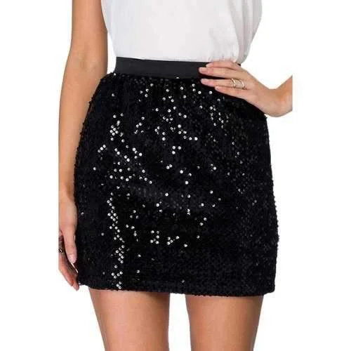 Stylish High Waisted Sequins Bodycon Women's Skirt - Black S chiffon skirt floaty