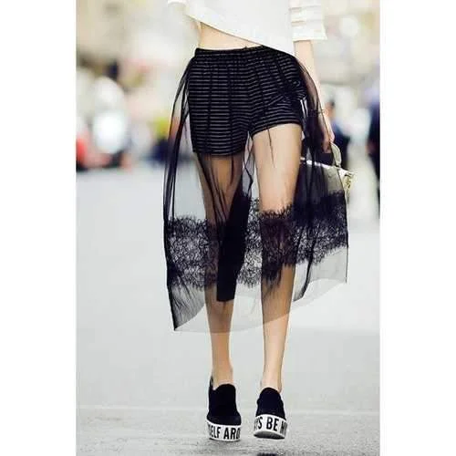 Stylish A Line Black Lace Spliced Women's Skirt - Black L denim skirt fashionable