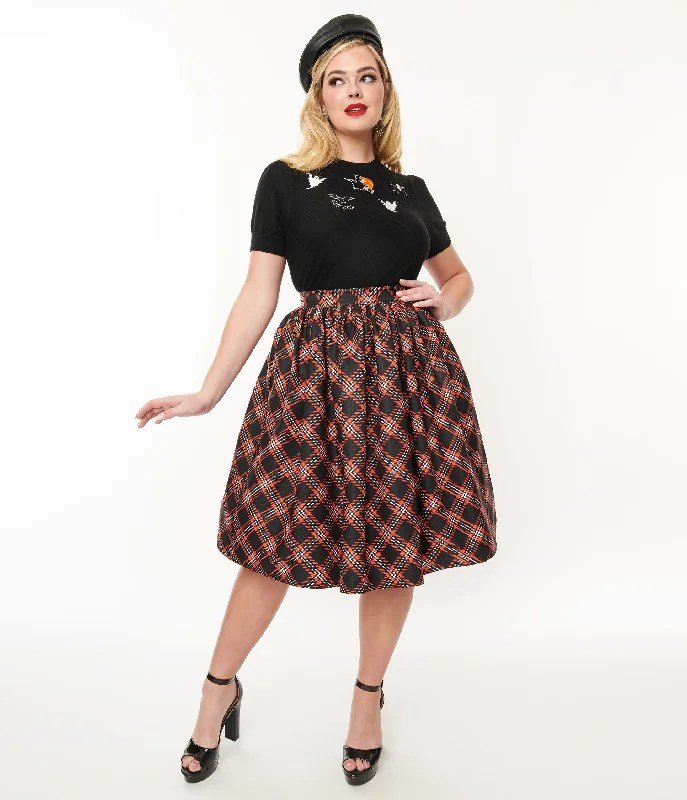 Unique Vintage 1950s Black & Orange Plaid Gellar Swing Skirt lace skirt feminine