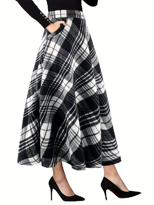 Velvet Elegance Plaid Long Skirt elastic waist skirt