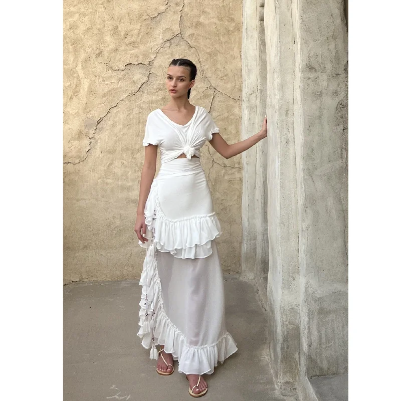 White Modal Jersey and Chiffon  Ruffle Skirt ribbed skirt waist