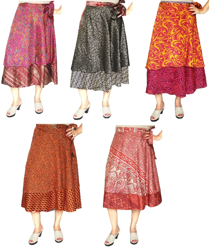 Wholesale 5 Pcs Lot Two Layers Women's Indian Sari Magic Wrap Skirt corduroy skirt durable