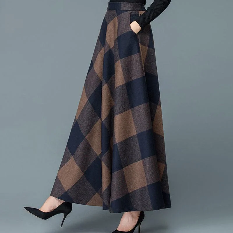 Winter Plus Size Woolen Skirt Female Printed Plaid A-line Skirt Long Maxi Skirt boho skirt vibe