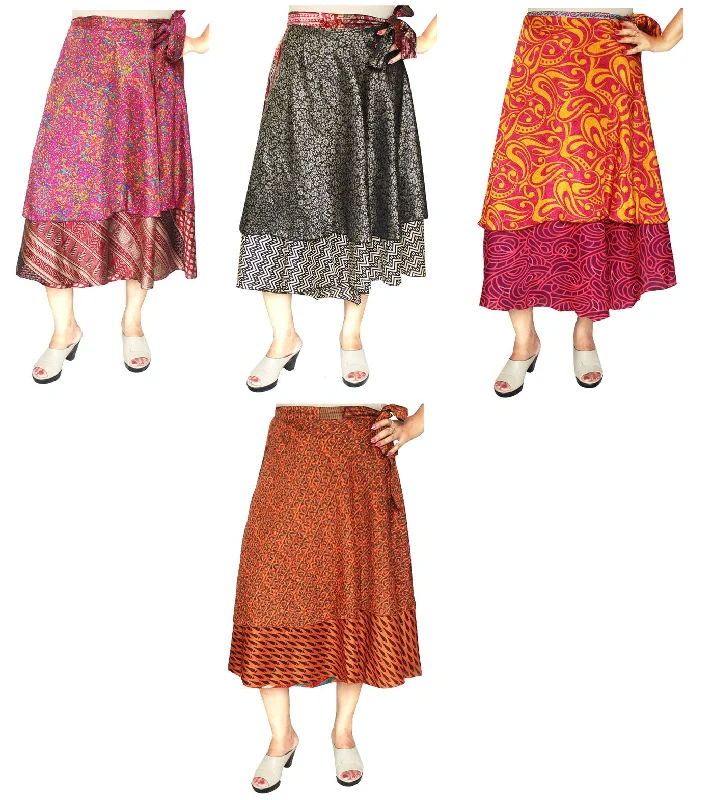 Women's Indian Sari Magic Wrap Around Skirt Wholesale 4 Pcs Lot Two Layers pencil skirt chic