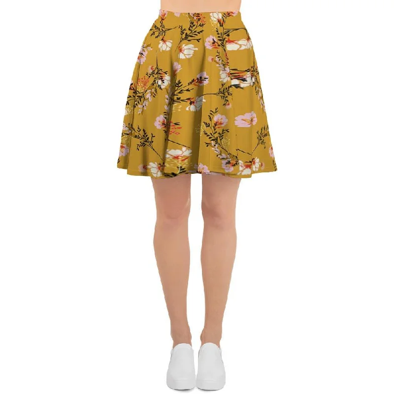 Yellow Floral Retro Print Women's Skirt spandex blend skirt