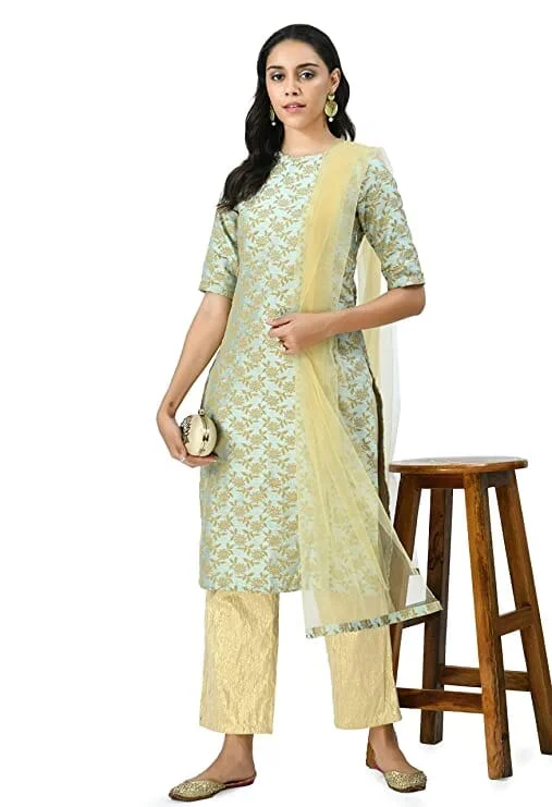 Bahrupiya Clothing Floral Embroidery Straight Kurta Set with Straight Pant & Dupatta Set for Women Relaxed Linen Pants