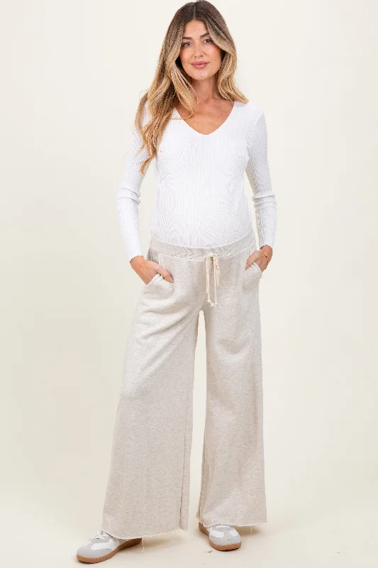 Beige French Terry Raw Edge Maternity Wide Leg Pants Stylish Slim Trousers