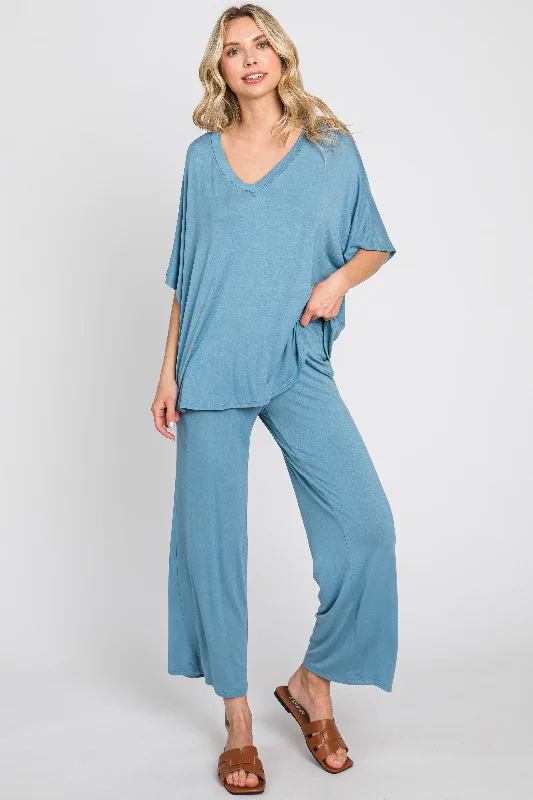 Blue Cropped Pant Set Warm Wool Trousers