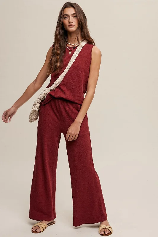 Burgundy Slub Knit Pants Set Relaxed Linen Pants