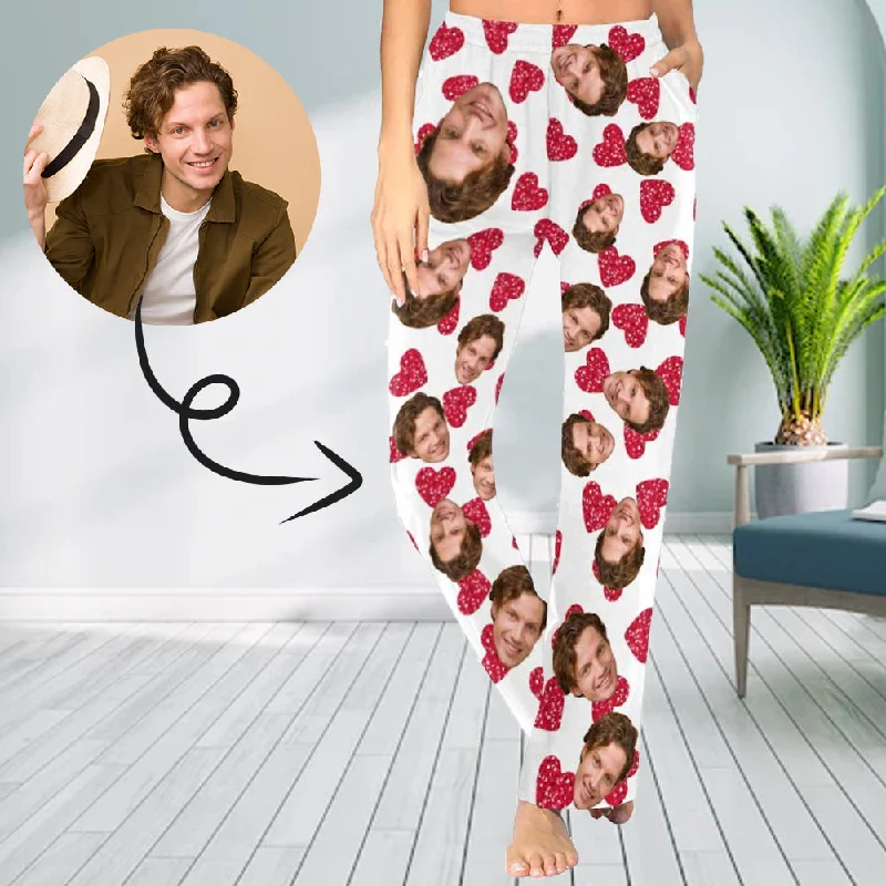 Custom Face Red Heart Sleepwear Personalized Women's Slumber Party Long Pajama Pants Soft Cotton Pants