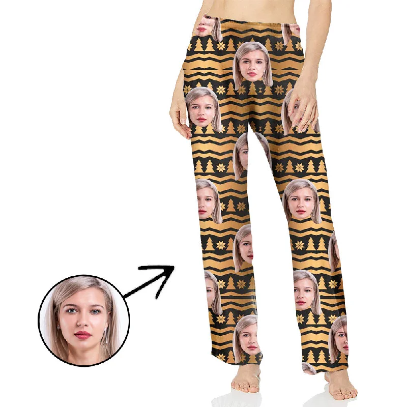 Custom Photo Pajamas Pants For Women All Over Christmas Trees Sleek Black Pants