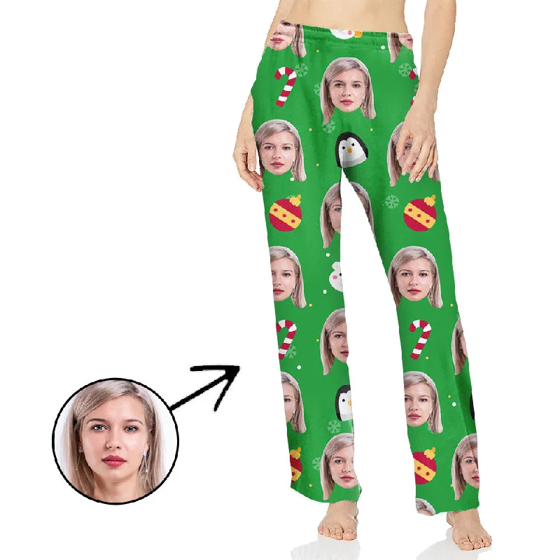 Custom Photo Pajamas Pants For Women Candy Cane And Christmas Green Formal Dress Pants