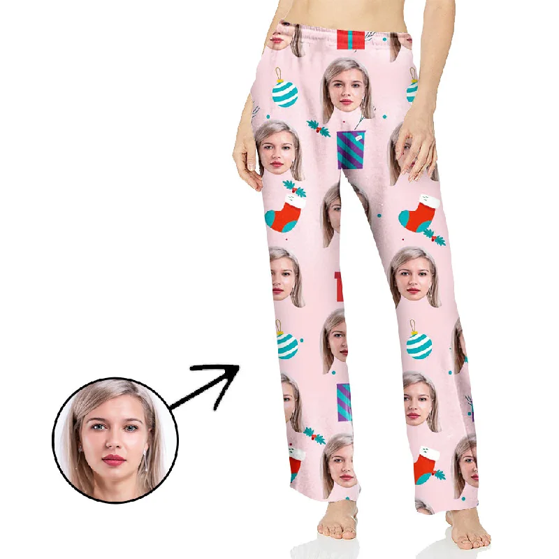 Custom Photo Pajamas Pants For Women Celebrate Christmas With Lights Pink Cozy Jogger Leggings