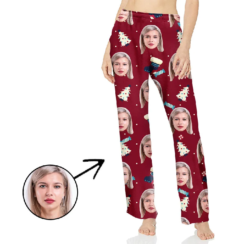 Custom Photo Pajamas Pants For Women Christmas Tree In Red Chic Slim Fit Pants