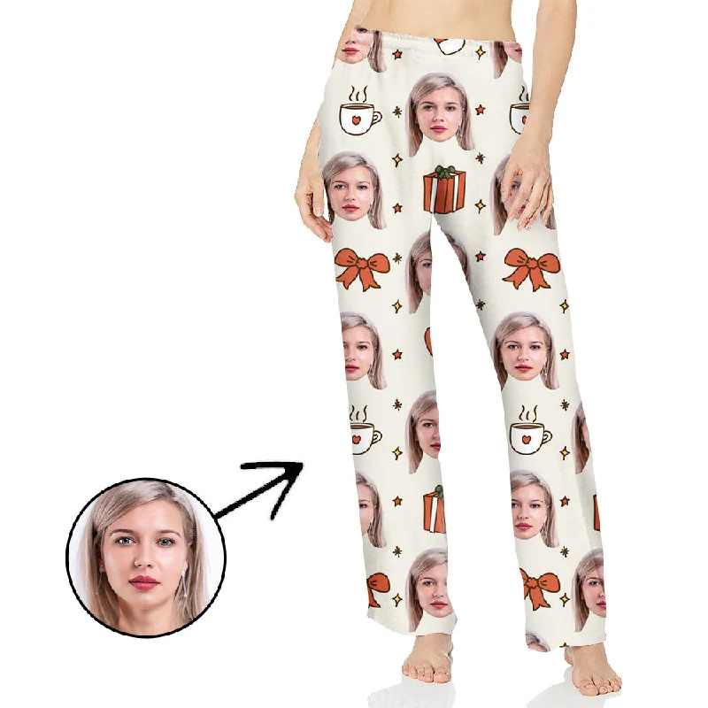 Custom Photo Pajamas Pants For Women Coffee And Bow Tie Formal Dress Pants