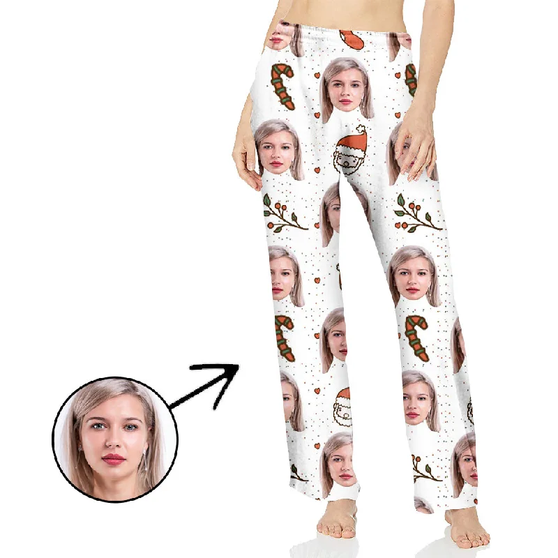 Custom Photo Pajamas Pants For Women Cute Santa And Candy Cane Stretch Fit Pants