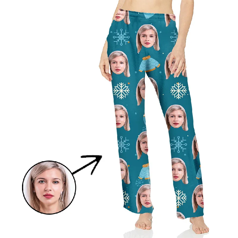 Custom Photo Pajamas Pants For Women Snowflake In Blue Comfortable Fleece Pants