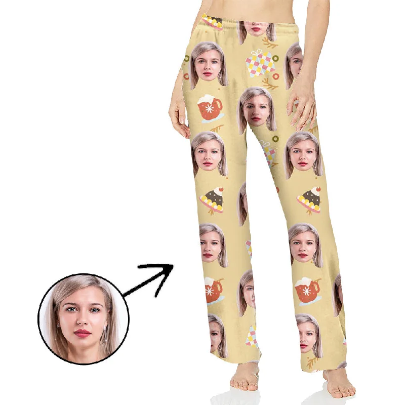 Custom Photo Pajamas Pants For Women With Christmas Pendant And Cup Casual Plaid Pants