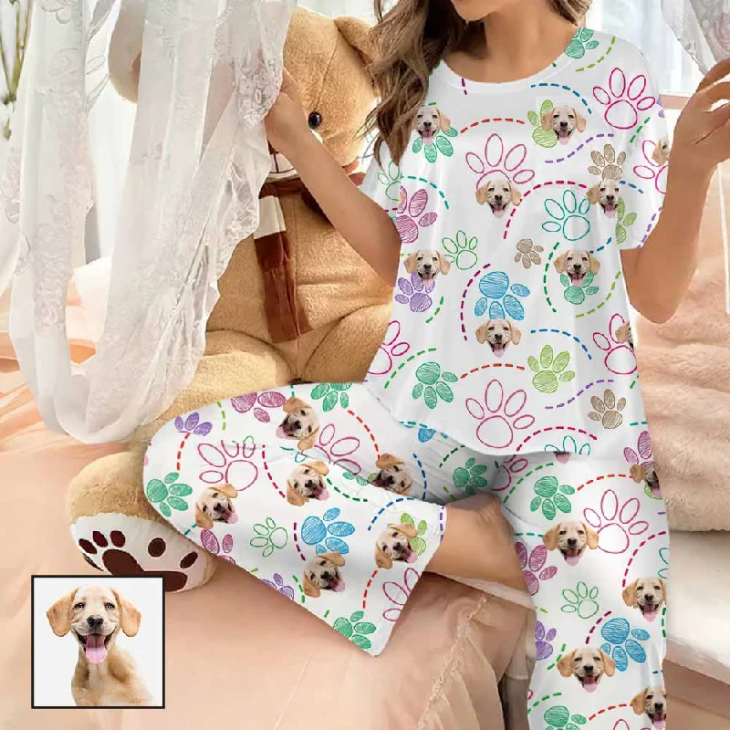 Custom Women's Pocket Short Sleeve&Long Pants Silk Satin Pajama Sets Personalized Face Colorful Pet Paw Nightwear Set Classic Stretch Pants