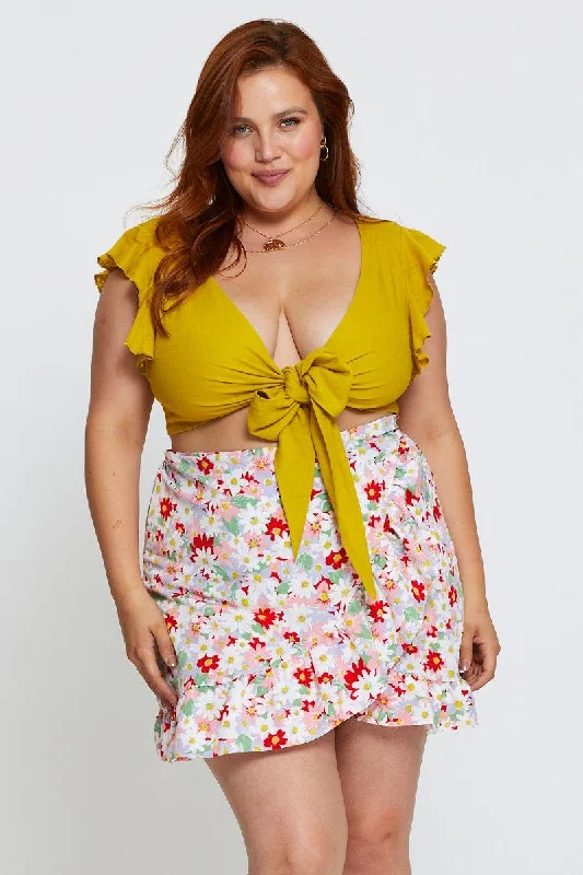 Floral Print Skort Skirt High Rise Frill Hem linen skirt natural