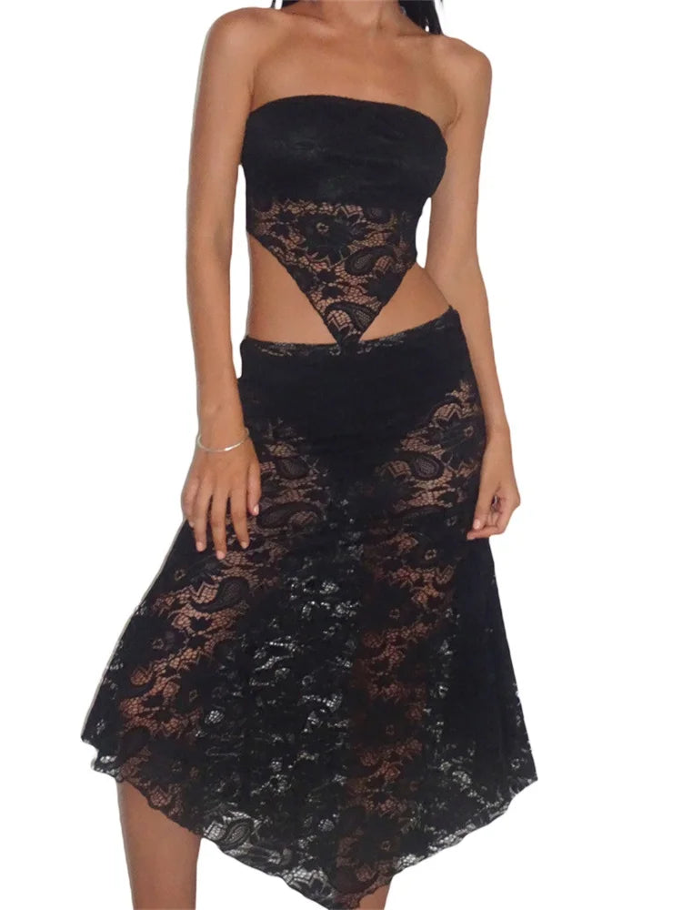 JuliaFashion - Lace Floral Mesh Sheer Backless Tops Long Skirts Suits tulle skirt dreamy