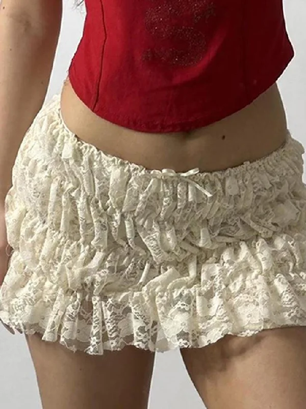 Lace Ruched Low-Rise Double-Layer Mini Skirt velvet skirt luxury