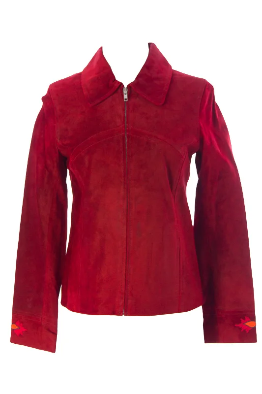 LUCIANO ABITBOUL Women's Cherry Red Floral Detailed Suede Jacket $545 NEW Hoodie Zip-Up Jacket Button-Up Jacket LUCIANO ABITBOUL Women's Cherry Red Floral Detailed Suede Jacket $545 NEW Hoodie Zip-Up Jacket Button-Up Jacket