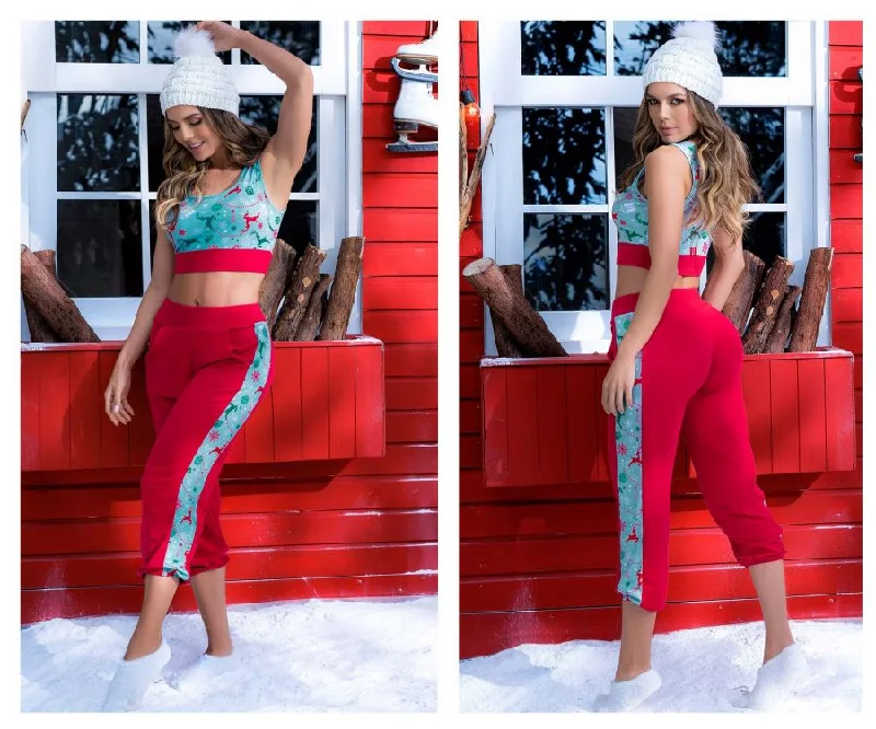 Mapale 7409 Two Piece Pajama Set. Top and Pants Color Red-Mint Print Soft Sweatpants Style