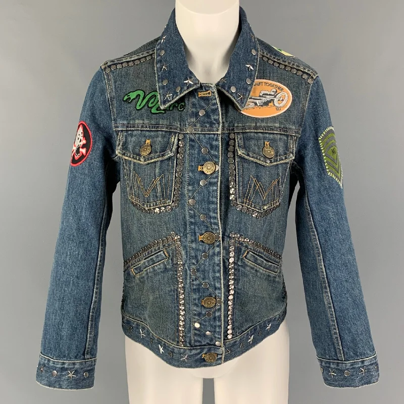 MARC JACOBS Size M Indigo Denim Studded Biker Smashing Starlets Jacket Chenille Fabric Brocade Fabric Lace Fabric MARC JACOBS Size M Indigo Denim Studded Biker Smashing Starlets Jacket Chenille Fabric Brocade Fabric Lace Fabric