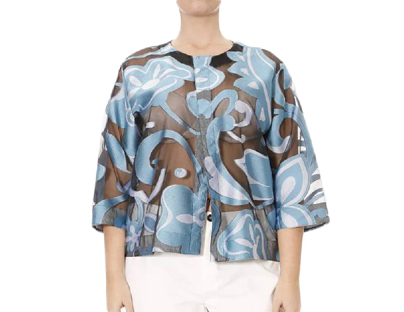 MARINA RINALDI Women's Blue Multi Felicita Cropped Jacket $865 NWT Zippered Front Buttoned Front Snap Front MARINA RINALDI Women's Blue Multi Felicita Cropped Jacket $865 NWT Zippered Front Buttoned Front Snap Front