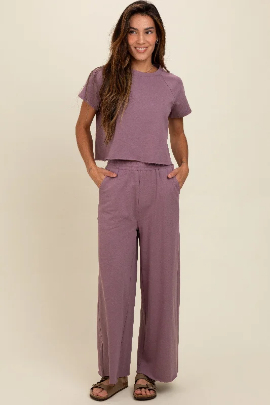 Mauve Basic Tee And Wide Leg Pant Set Comfortable Jogger Trousers