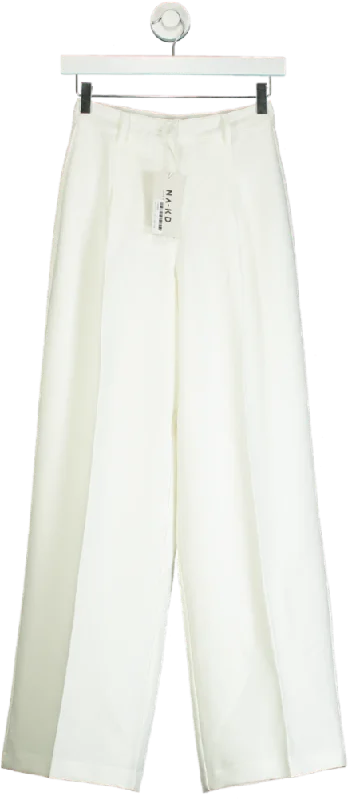 NA-KD White Pleat Detail Loose High Waist Pants UK 4 Casual Yoga Pants