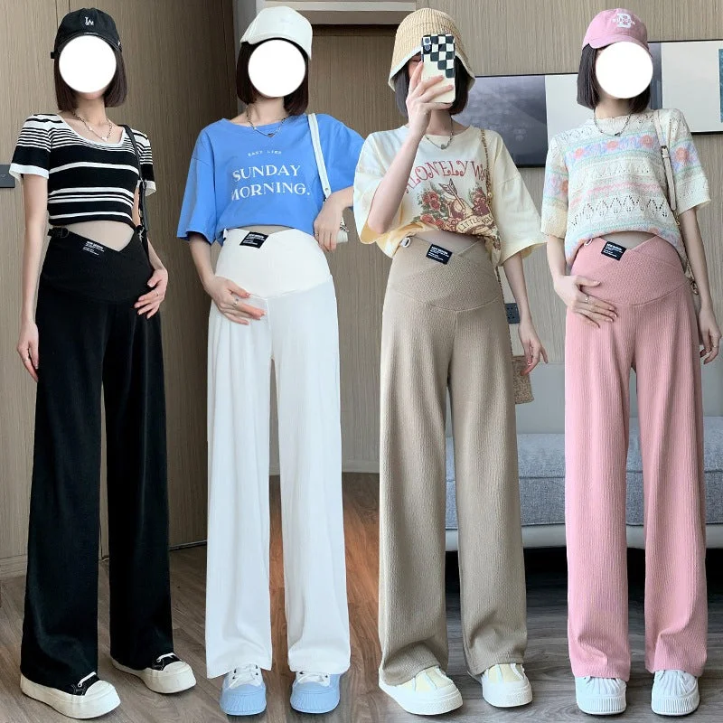 NiDELL Maternity Clothes . Summer New Ice Silk Low Waist Wide Leg Pants Drooping Slimming Fashion Cross Waist Pants Air Conditioning Pants Chic Wool Trousers